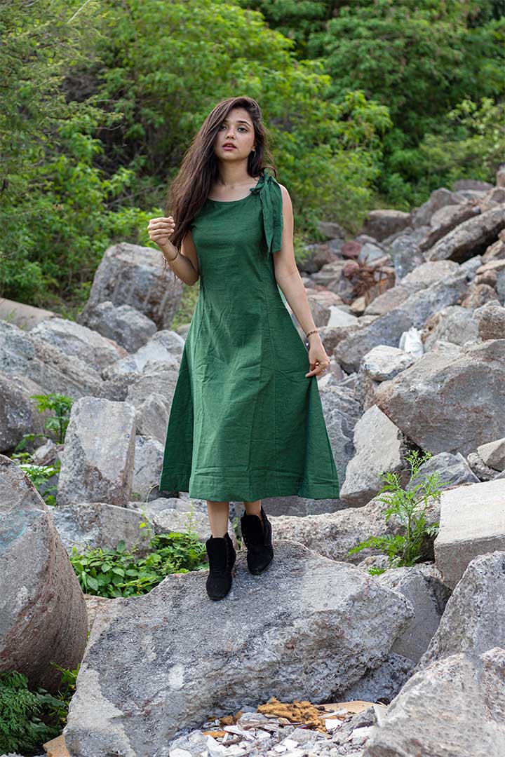 Denim Green Shoulder Knot Dress