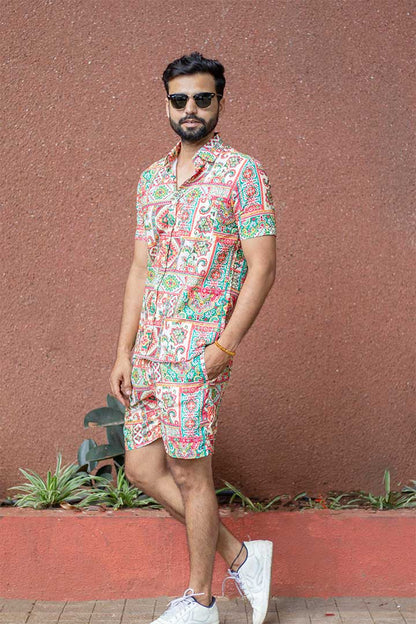 Beige Floral Men's Co-ord Set - Rose Cotton Collection