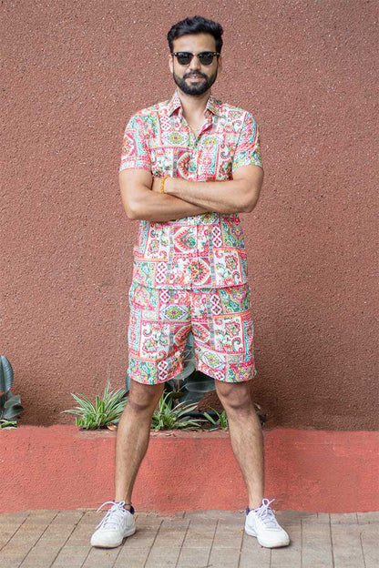 Beige Floral Men's Co-ord Set - Rose Cotton Collection