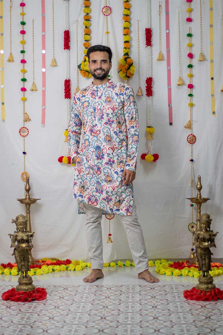 White Floral Mens Kurta