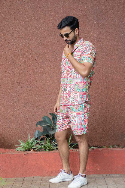 Beige Floral Men's Co-ord Set - Rose Cotton Collection