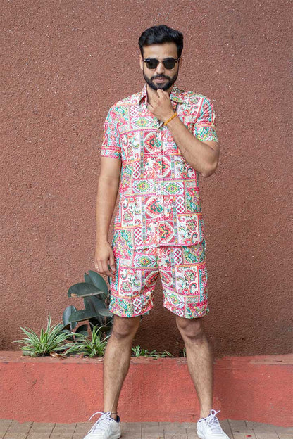 Beige Floral Men's Co-ord Set - Rose Cotton Collection