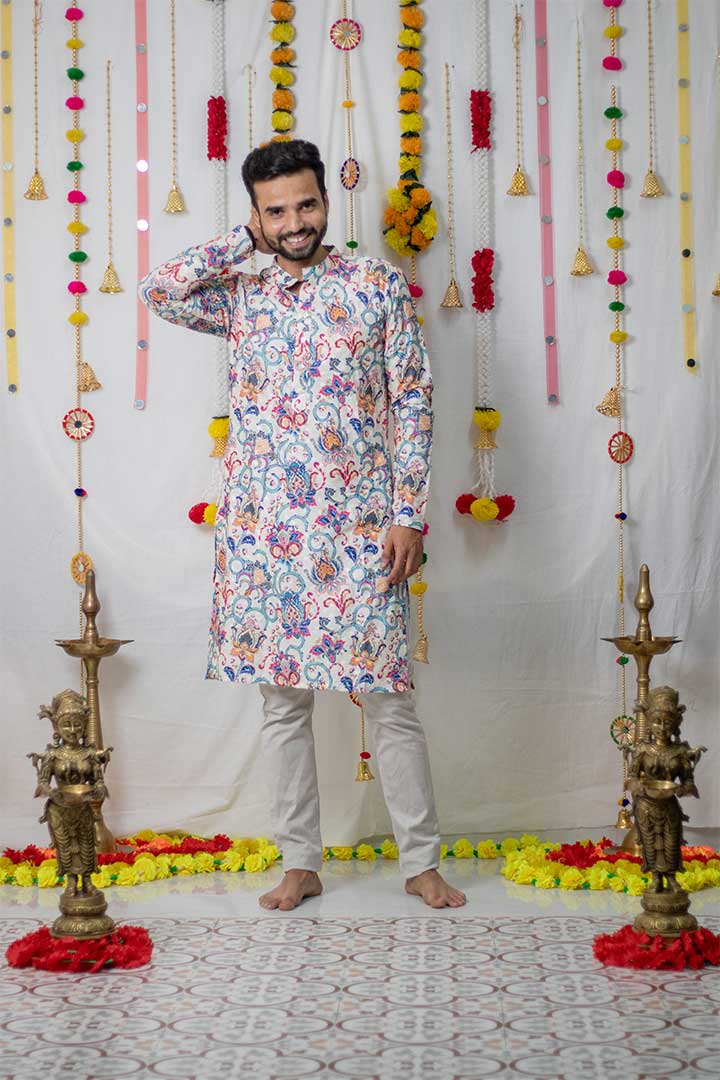 White Floral Mens Kurta