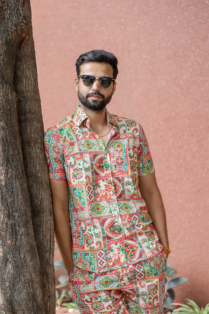 Beige Floral Men's Co-ord Set - Rose Cotton Collection