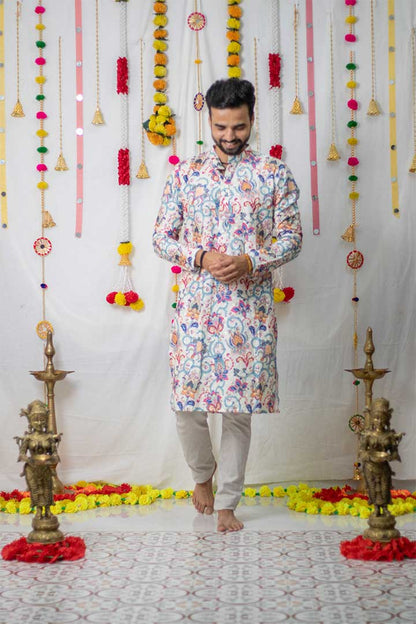 White Floral Mens Kurta