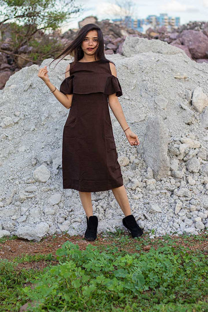 Denim Brown Cold Shoulder Dress