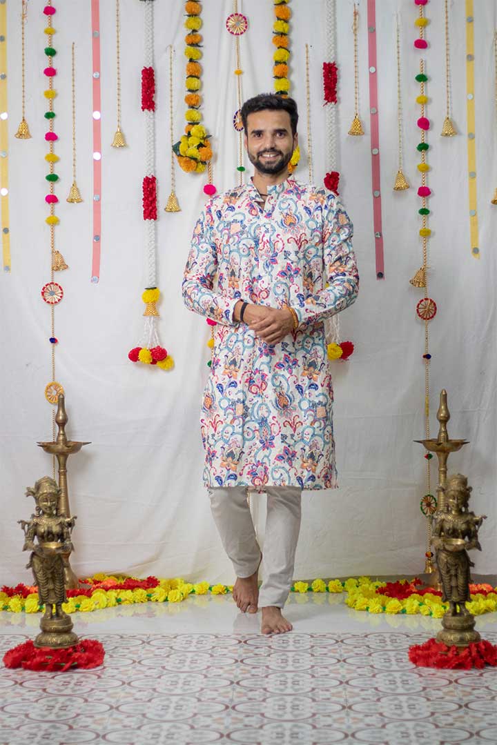 White Floral Mens Kurta