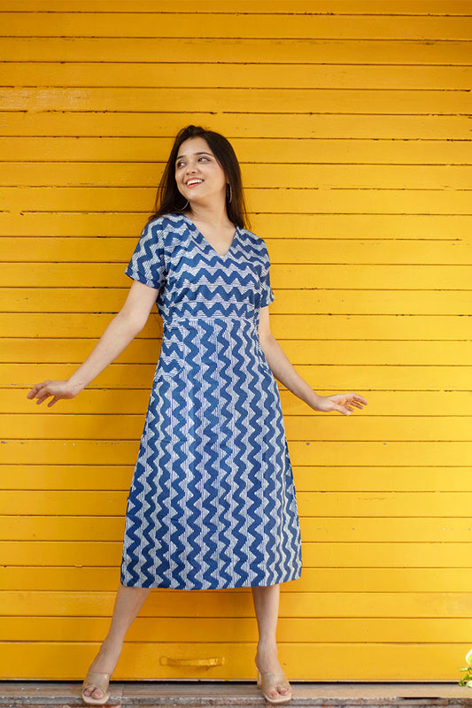 Indigo Zig Zag Pocket Dress