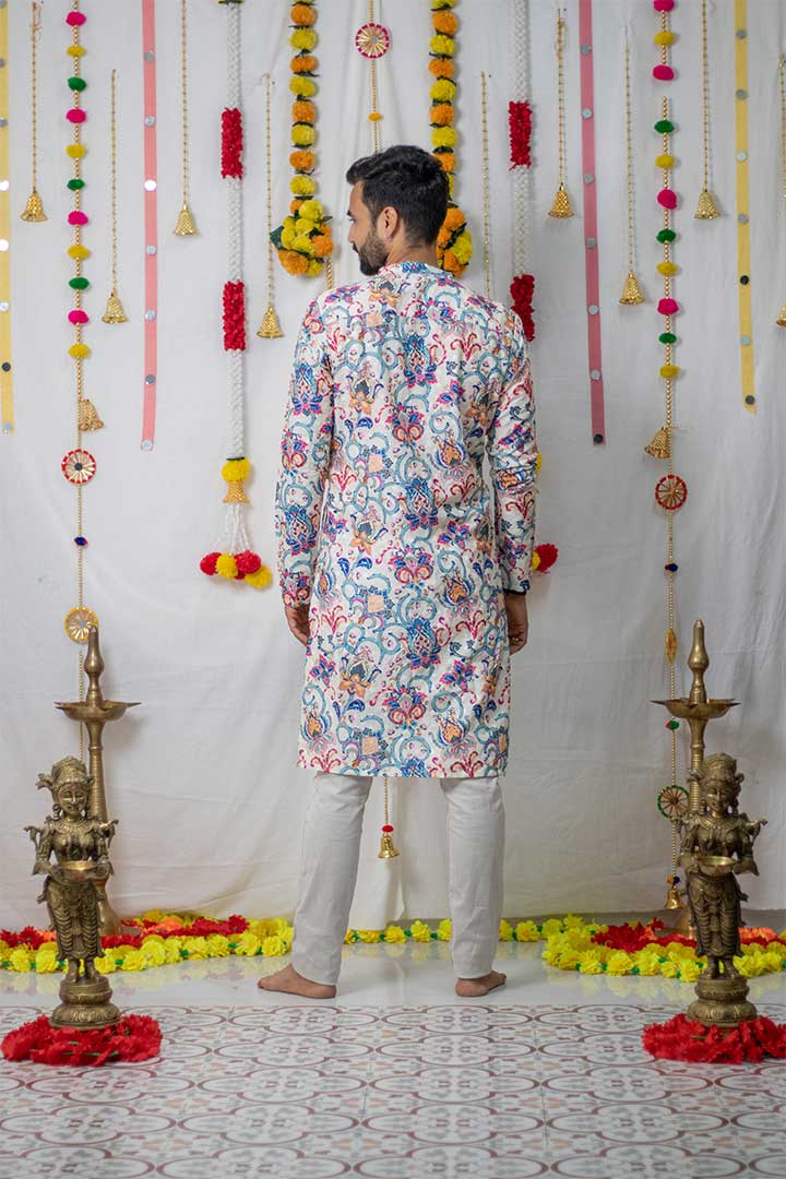 White Floral Mens Kurta