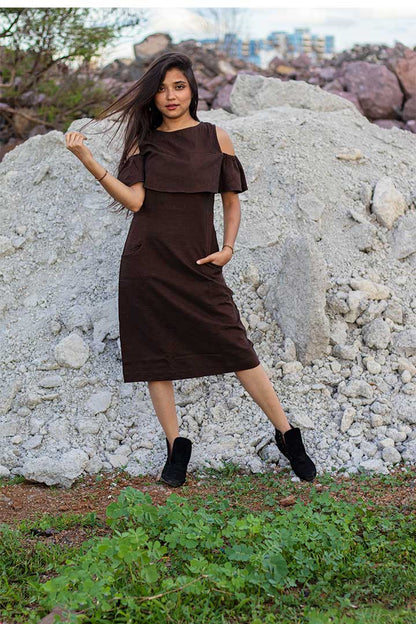 Denim Brown Cold Shoulder Dress