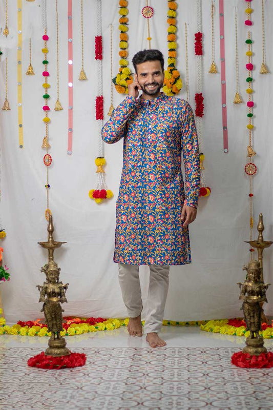 Blue Floral Mens Kurta