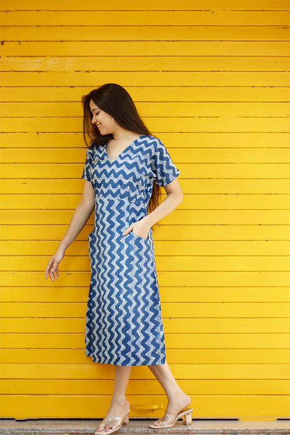 Indigo Zig Zag Pocket Dress