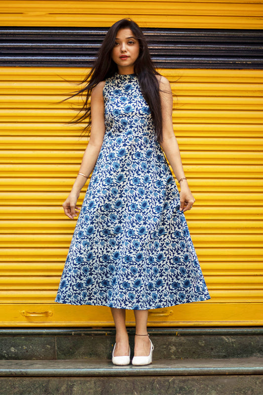 Indigo Floral High Neck Dress