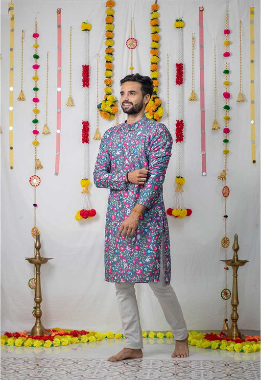 Grey Floral Mens Kurta