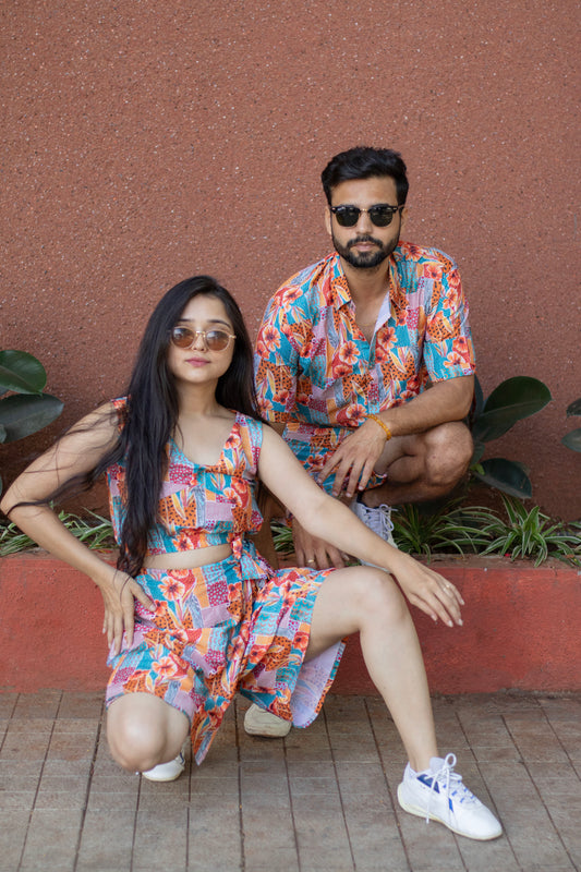 Abstract Couple Cord Set - Rose Cotton Vacation Wear