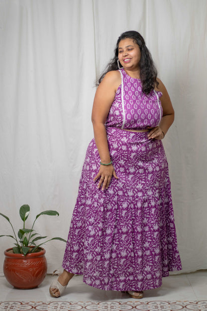 Purple Cotton Skirt Top Set