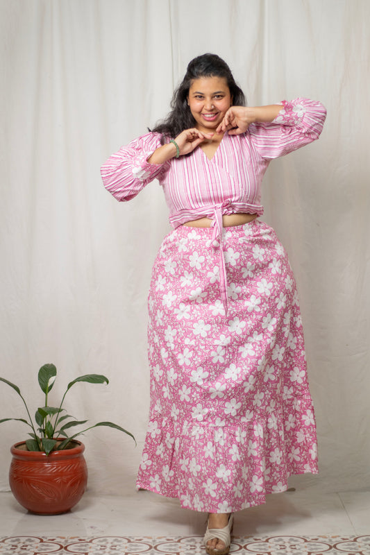 Pink Floral Cotton Skirt Top Set