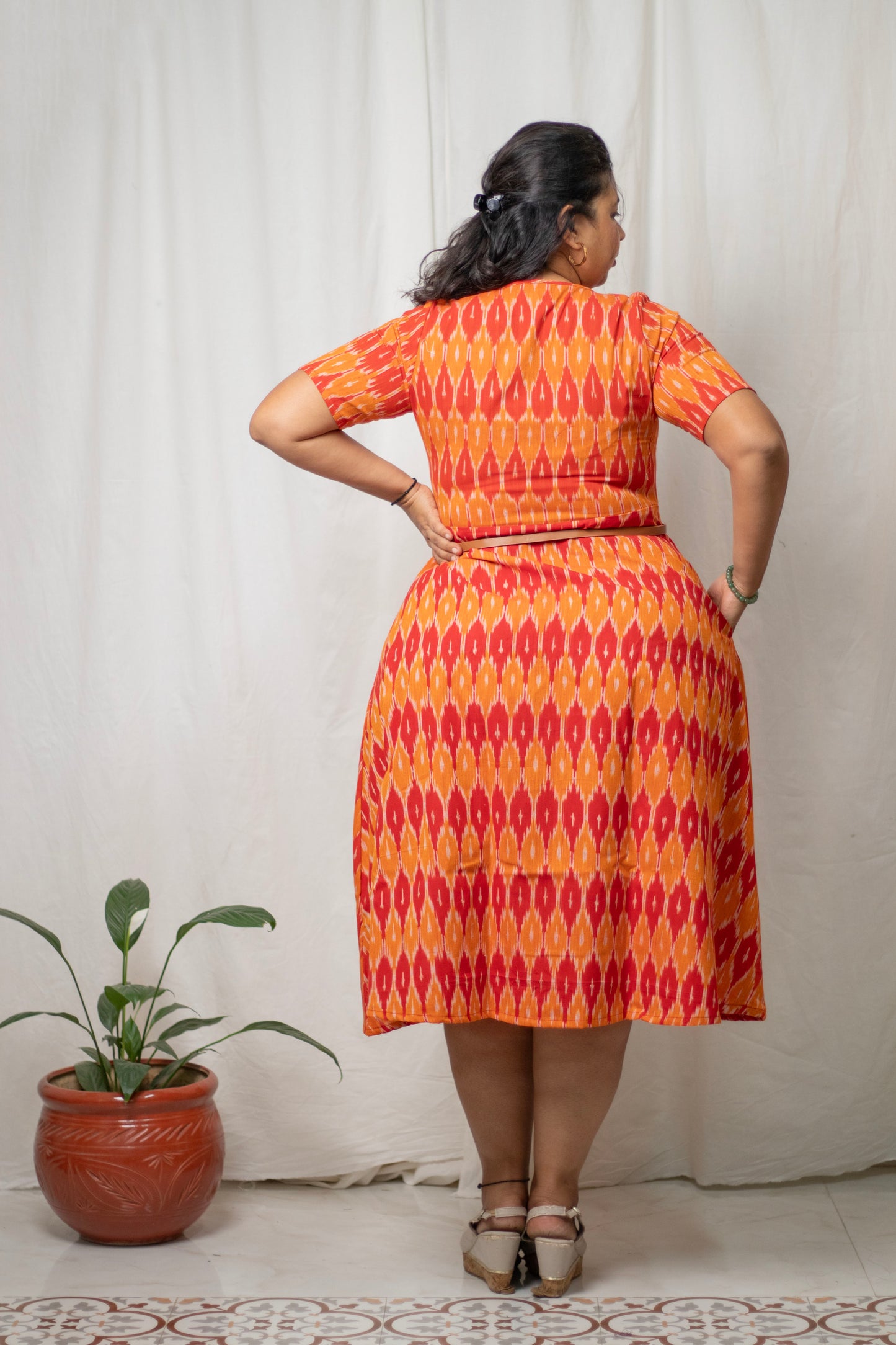 Plus-Size Orange Ikat Midi Dress with Peter Pan Collar