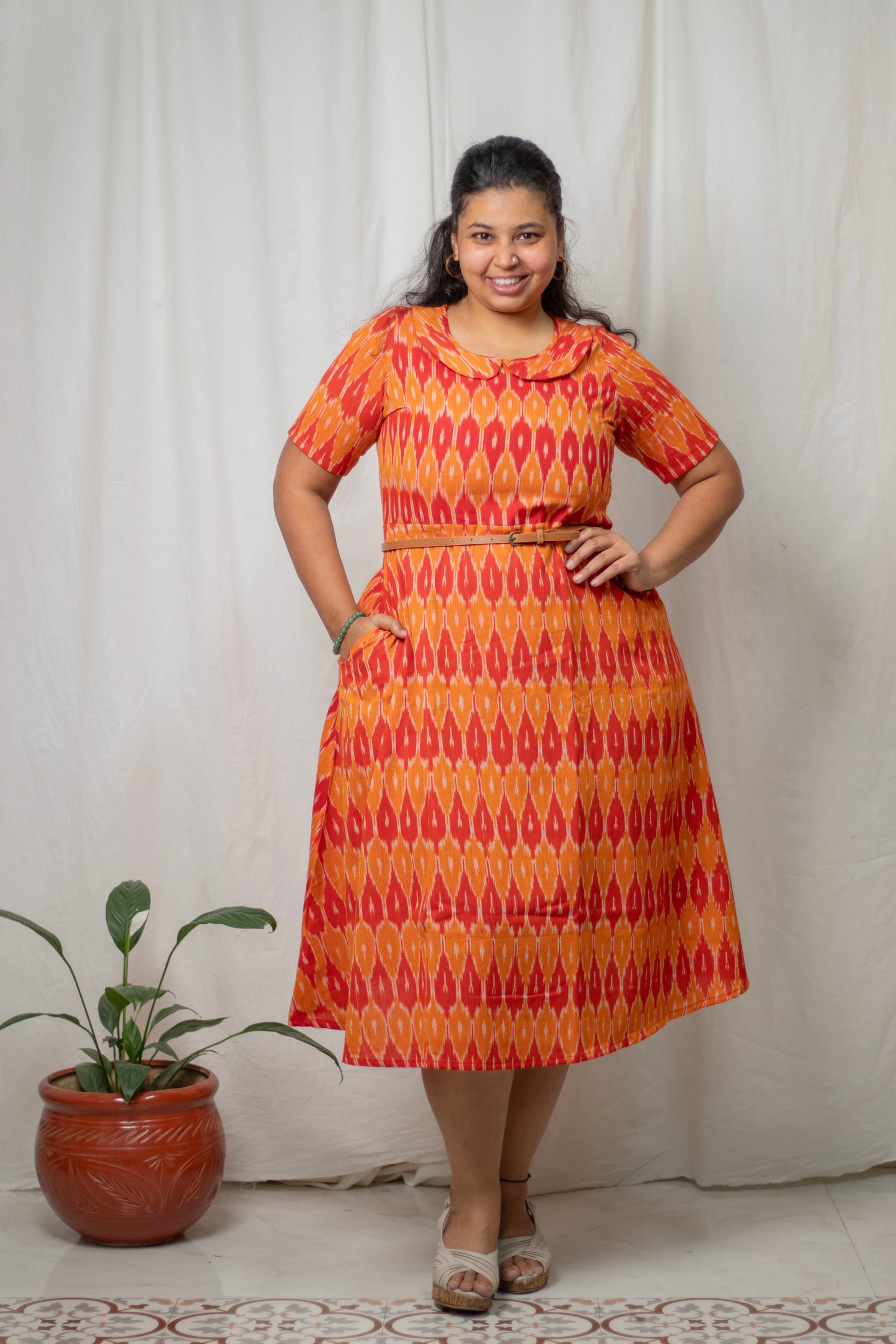 Plus-Size Orange Ikat Midi Dress with Peter Pan Collar