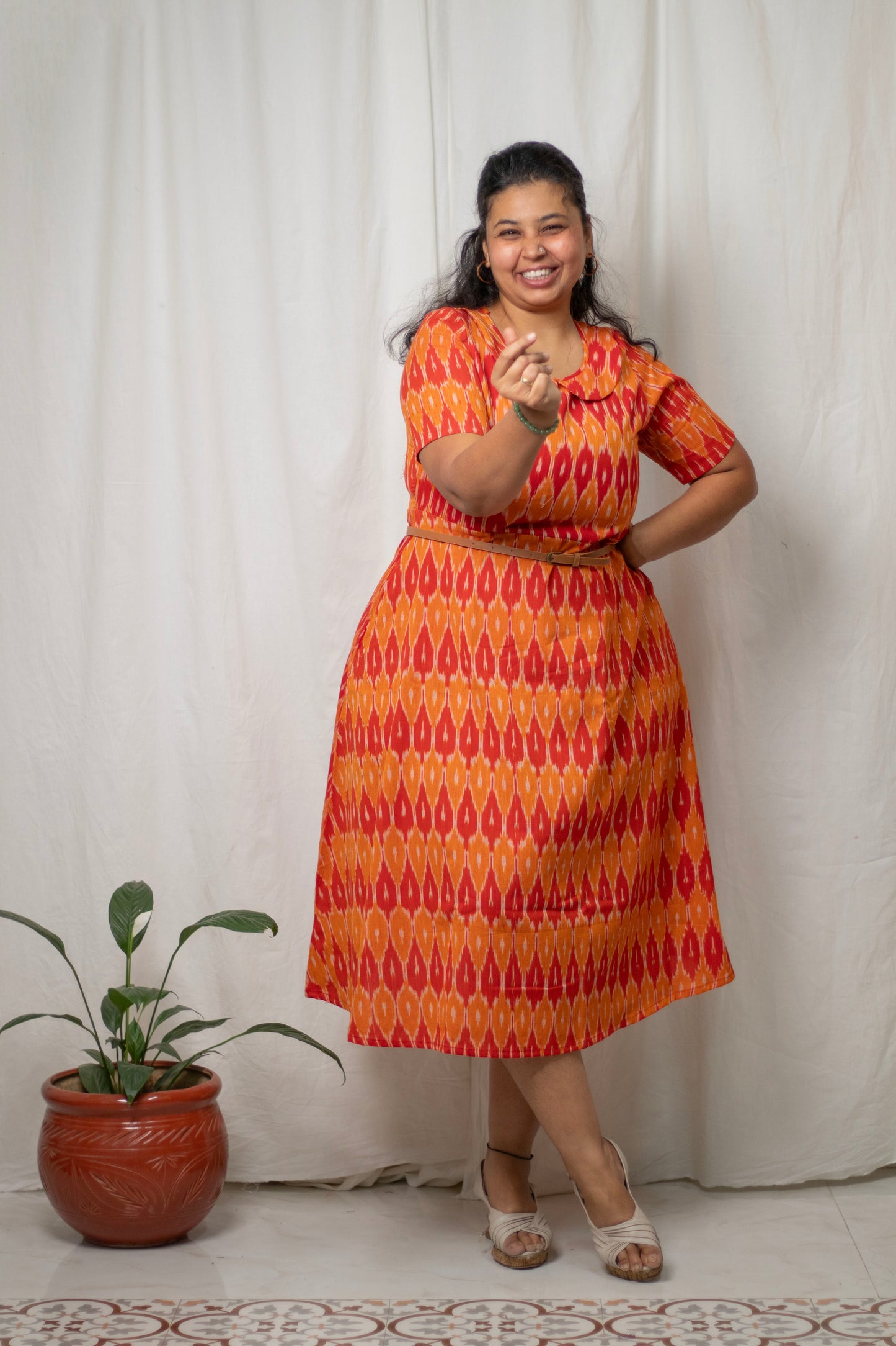 Plus-Size Orange Ikat Midi Dress with Peter Pan Collar