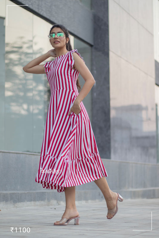 Red Lines Back Bow Dress